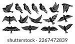 Bird with abstract ornaments doodle print stamp set. Stylized linear printing trendy fowl or sparrow paint brand. Hand drawn dove pigeon stencil. Cute various seal press birds comic songbird vector