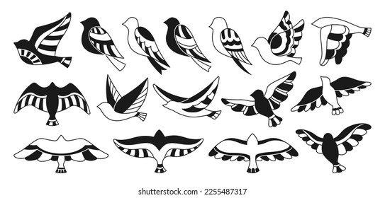 Bird with abstract ornaments doodle stylized set. Hand drawn linear modern trendy fowl or sparrow, dove pigeon stamp. Cute various contour glyph birds comic songbird ethnic vector graphic element