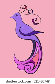 Bird. Abstract vector hand drawn decorative calligraphy stylized vintage ornate multicolored cartoon illustration. Isolated on a pink background.