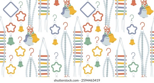 Bird accessories horizontal seamless pattern. Toys for the birdcage. Swings, perches and bells for entertaining parrots. Fun background to use in design. Vector wallpaper for wall or packaging.