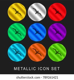 Bird albatross flying shape 9 color metallic chromium icon or logo set including gold and silver