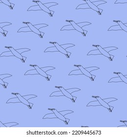 Bird albatross in seamless pattern on violet background. Hand drawn contour vector line art. For textile, fabric, paper, for kids and adults.