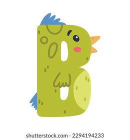 Bird alphabet B capital letter. Green consonant letter with eyes, beak and wings cute cartoon vector illustration