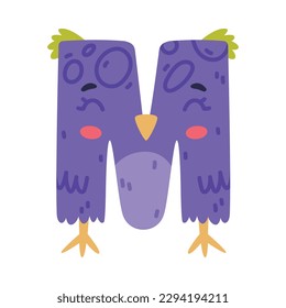 Bird alphabet M capital letter. Purple consonant letter with eyes, beak and wings cute cartoon vector illustration