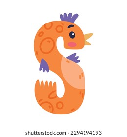 Bird alphabet S capital letter. Orange consonant letter with eyes, beak and wings cute cartoon vector illustration