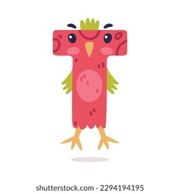 Bird alphabet T capital letter. Red consonant letter with eyes, beak and wings cute cartoon vector illustration