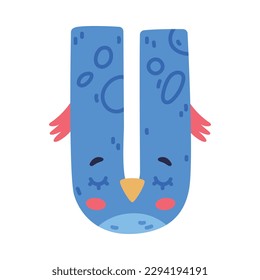 Bird alphabet U capital letter. Blue vowel letter with eyes, beak and wings cute cartoon vector illustration