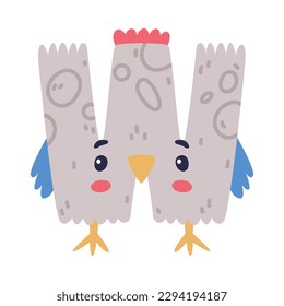Bird alphabet W capital letter. Gray consonant letter with eyes, beak and wings cute cartoon vector illustration