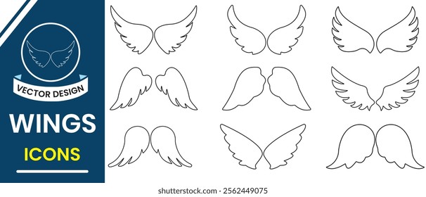  Bird, Angel wings icon vector set. Silhouette of wings vector. Wings icons, vector set. Line wings sign and symbol. Vector illustration.