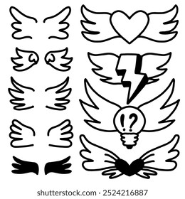 Bird and angel wings.Cartoon doodle bird wings in different styles.