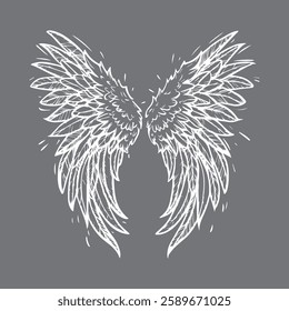 bird and angelic wings in line art cartoon style, black vector, hand-drawn sketches