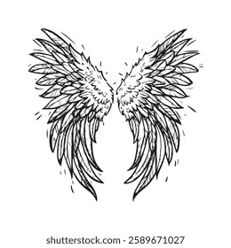 bird and angelic wings in line art cartoon style, black vector, hand-drawn sketches