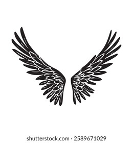 bird and angelic wings in line art cartoon style, black vector, hand-drawn sketches