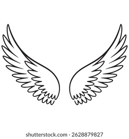 bird and angelic wings in line art cartoon style, black vector, hand-drawn sketches