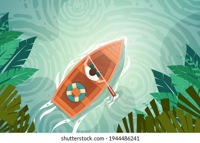 Vista del ángulo de los pájaros joven remo en el canal de la naturaleza, Aventura viaje con barco en el paisaje de fondo, humano en personaje de caricatura, ilustración vectorial