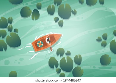 Vista del ángulo de los pájaros joven remo en el canal de la naturaleza, Aventura viaje con barco en el paisaje de fondo, humano en personaje de caricatura, ilustración vectorial