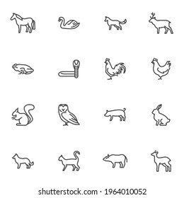 Bird and animal line icons set, outline vector symbol collection, linear style pictogram pack. Signs, logo illustration. Set includes icons as chicken, hen, frog, snake, cat, dog, horse, swan, rabbit