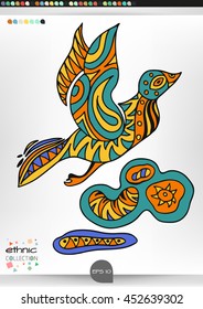 Bird. Animal patterns with hand-drawn doodle waves and lines. Vector illustration in bright colors.