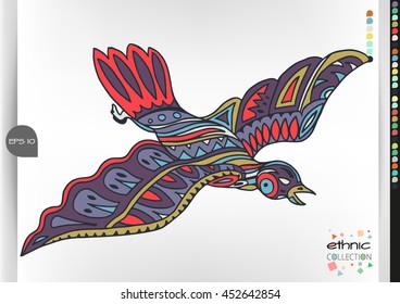 Bird. Animal patterns with hand-drawn doodle waves and lines. Vector illustration in bright colors.