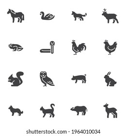 Bird and animal vector icons set, modern solid symbol collection, filled style pictogram pack. Signs, logo illustration. Set includes icons as chicken, hen, frog, snake, cat, dog, horse, swan, rabbit