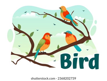 Bird Animal Vector Illustration with Birds on Tree Roots and Sky as Background in Flat Cartoon Style Design Template