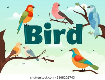 Bird Animal Vector Illustration with Birds on Tree Roots and Sky as Background in Flat Cartoon Style Design Template