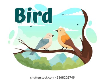 Bird Animal Vector Illustration with Birds on Tree Roots and Sky as Background in Flat Cartoon Style Design Template