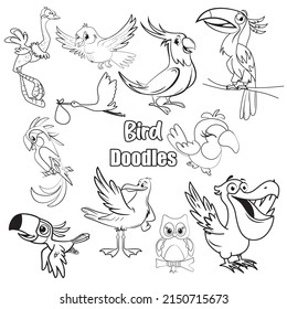 Juego de iconos de doodle Bird Animals. Colección de ilustraciones del vector de vuelo. Estilo de arte de línea dibujada a mano para libro de colores