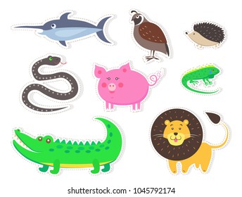 Bird, animals and fish isolated on white background. Blue swordfish, thick hazel grouse, small hedgehog, wriggling snake, pink pig, green lizard, big crocodile and cute lion vector illustrations set.