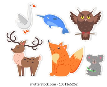 Bird, animals and fish isolated stickers on white background. White goose, unicorn fish, brown owl, noble deer, red fox and cute coala bear vector illustrations.Cartoon friendly creatures collection.