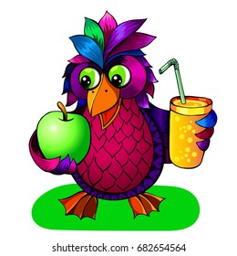 A bird with an apple and juice