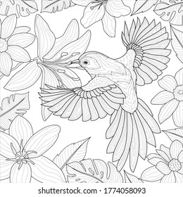 Bird around the flowers.Coloring book antistress for children and adults. Zen-tangle style.Black and white drawing