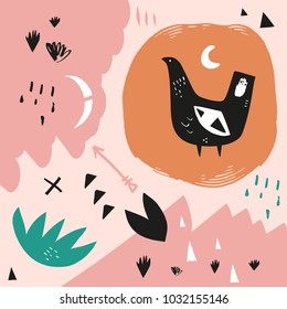Bird art, boho abstract picture. Decor elements set for scrapbooking, postcards, cards, posters, souvenirs. 
Vector, clip art and jpg. Isolated.