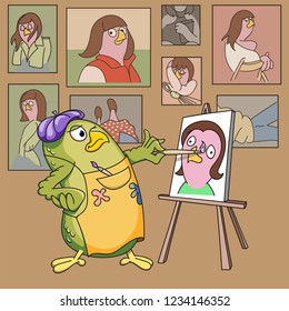 A bird artist is painting a present for his beloved. It is going to be her portrait.