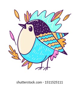 Bird in autumn leaves. Animal character in cartoon style. Isolated on white background.