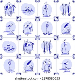 Bird Azulejo tiles blue pattern. Black-necked stilt on white background. Vector ornament imitation of ceramics