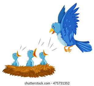 Bird and its babies in the nest illustration