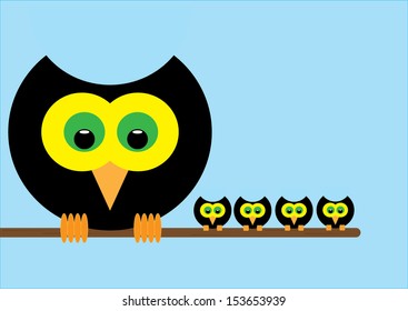 Bird with Babies on a Branch. Vector