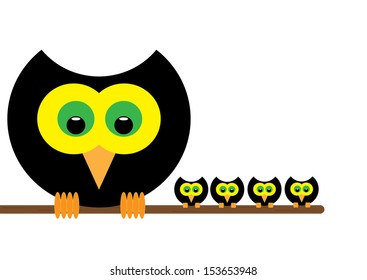 Bird with Babies on a Branch. Vector