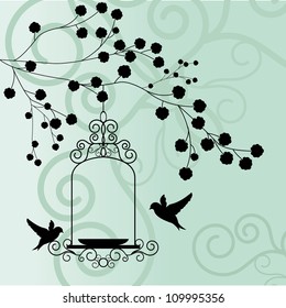 Bird background with tree and bird feeder