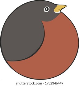 Bird Ball: American Robin, Turdus migratorius.  A cute, round shaped cartoon songbird of the thrush genus with a red breast, black wings, and a little red beak.  Side view.