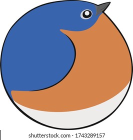 Bird Ball: Eastern Bluebird, Euphagus Cyanocephalus, From The Side.  A Cutr, Circular Cartoon Thrush In Muted, Natural Blue, Orange, And Cream Tones Drawn With Clean, Smooth Lines.