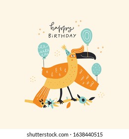 Bird with balloons flat illustration with typography