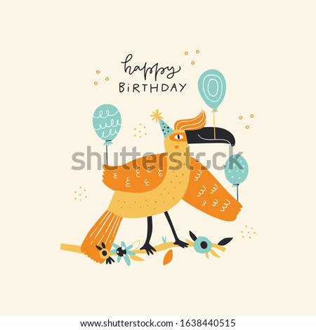 Bird with balloons flat illustration with typography