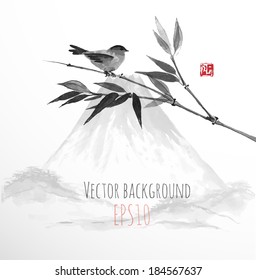 Bird, bamboo branch and mountain, hand-drawn with ink in traditional Japanese style sumi-e. Vector illustration. 