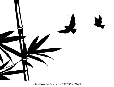 Bird and Bamboo leaf composition in design. Vector romantic landscape with bamboo trees on a white and gray background, and various attractive colors make an exclusive design
