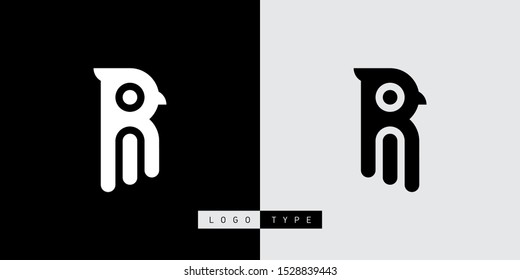 Bird with beak and crest. R and I initial logo with two options. RI initial monogram logotype. IR - design element or icon looks like bird with wings.