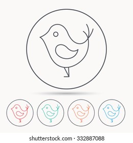 Bird with beak icon. Cute small fowl symbol. Social media concept sign. Linear circle icons.