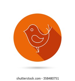 Bird with beak icon. Cute small fowl symbol. Social media concept sign. Round orange web button with shadow.