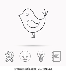 Bird with beak icon. Cute small fowl symbol. Social media concept sign. Download arrow, lamp, learn book and award medal icons.